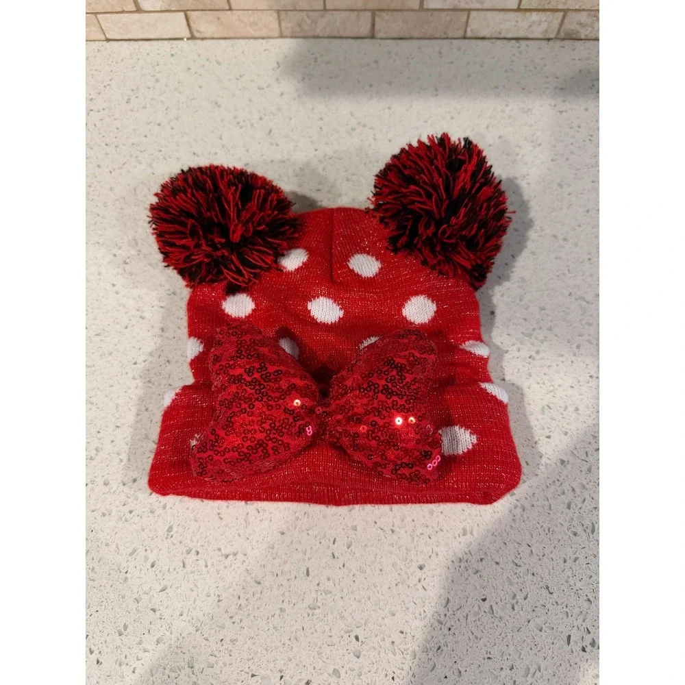 Minnie Mouse Beanie Sequin Bow Polka Dot Double Pom OSFM Red